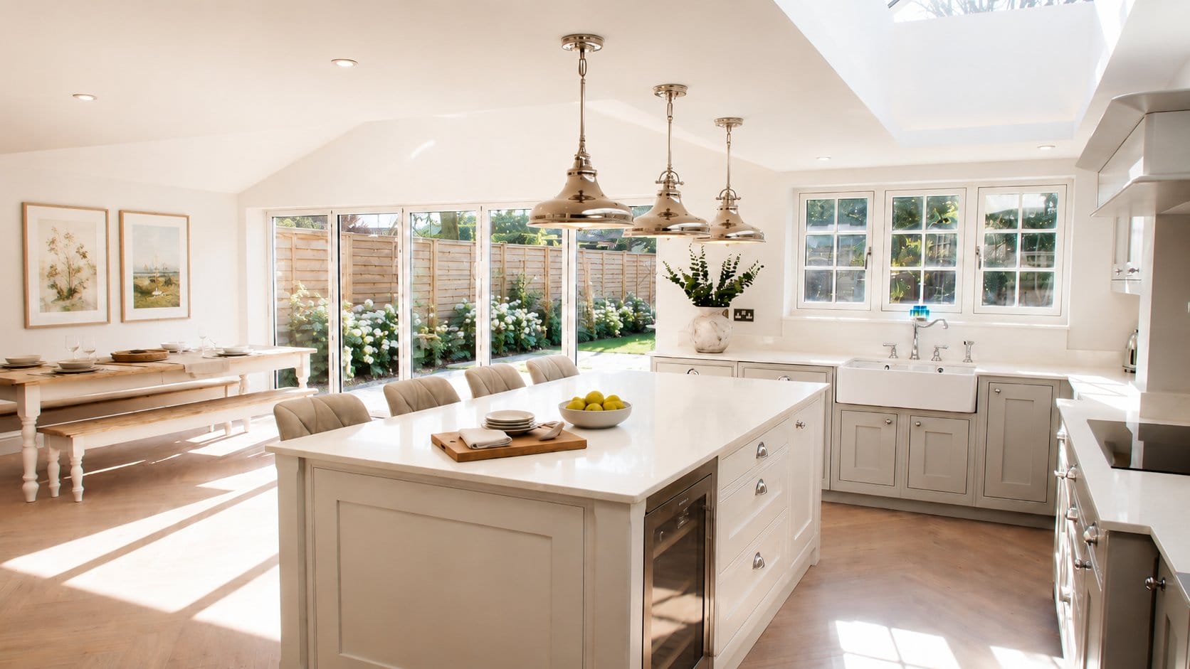 Light and elegant shaker kitchen with a large island, upholstered breakfast bar seating and floor-to-ceiling windows.