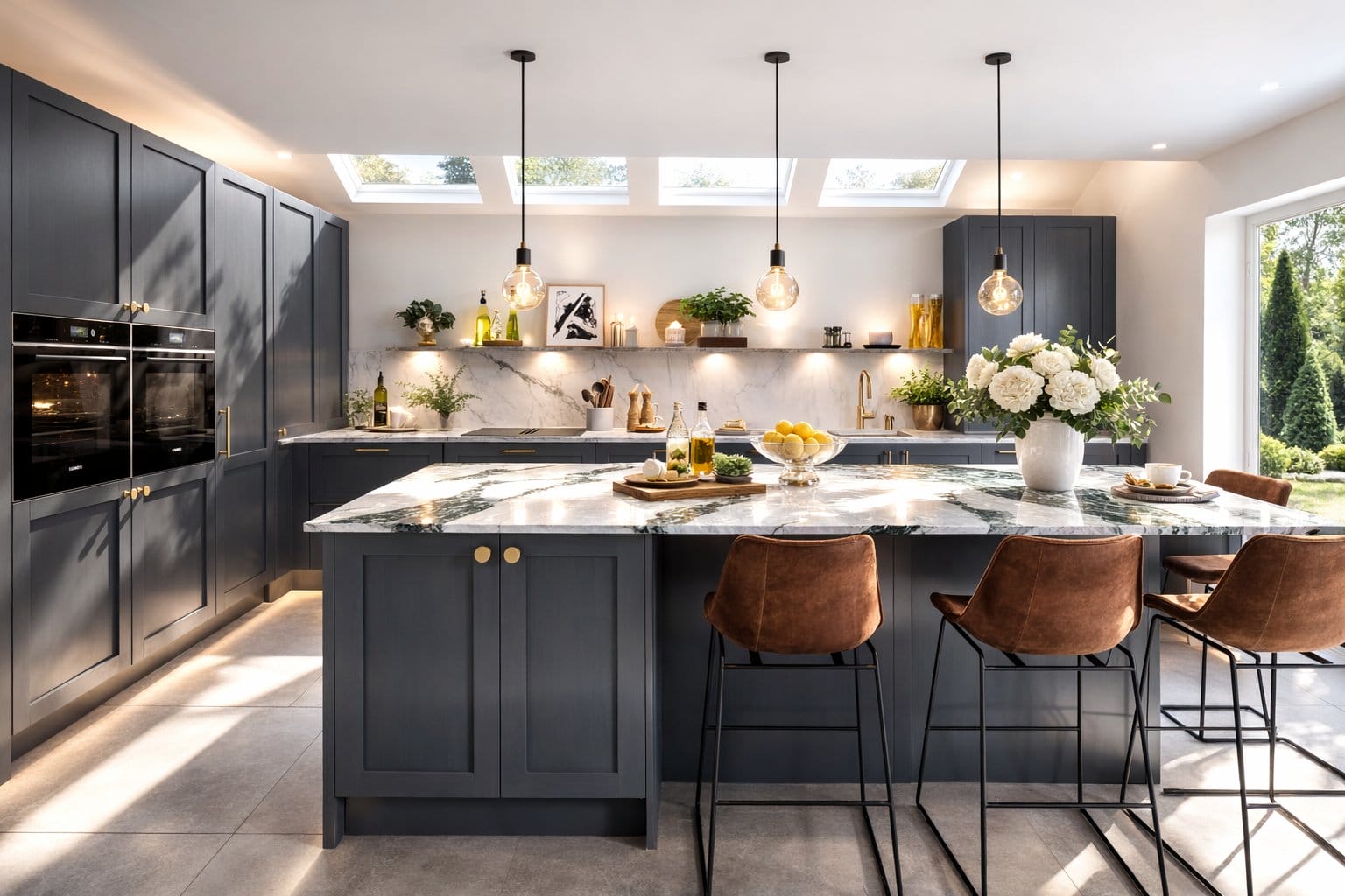 Hutton 03 Artizan Interiors modern black handleless kitchen featuring a large white island, integrated appliances, statement pendant lighting and contemporary breakfast bar seating.